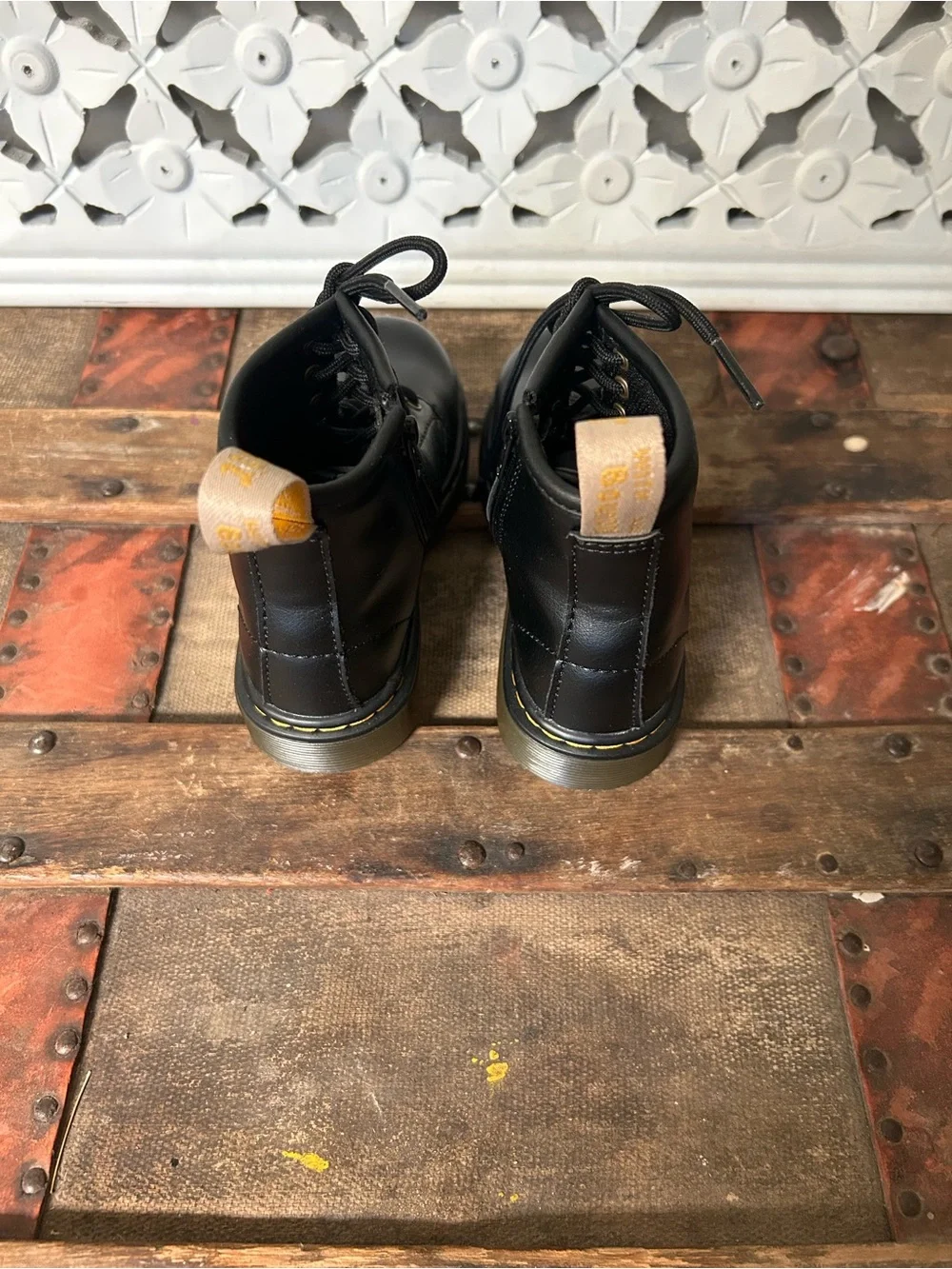 Dr. Martens Kids Black Vegan Leather Lace Up Combat Boots Side Zip US 9‎